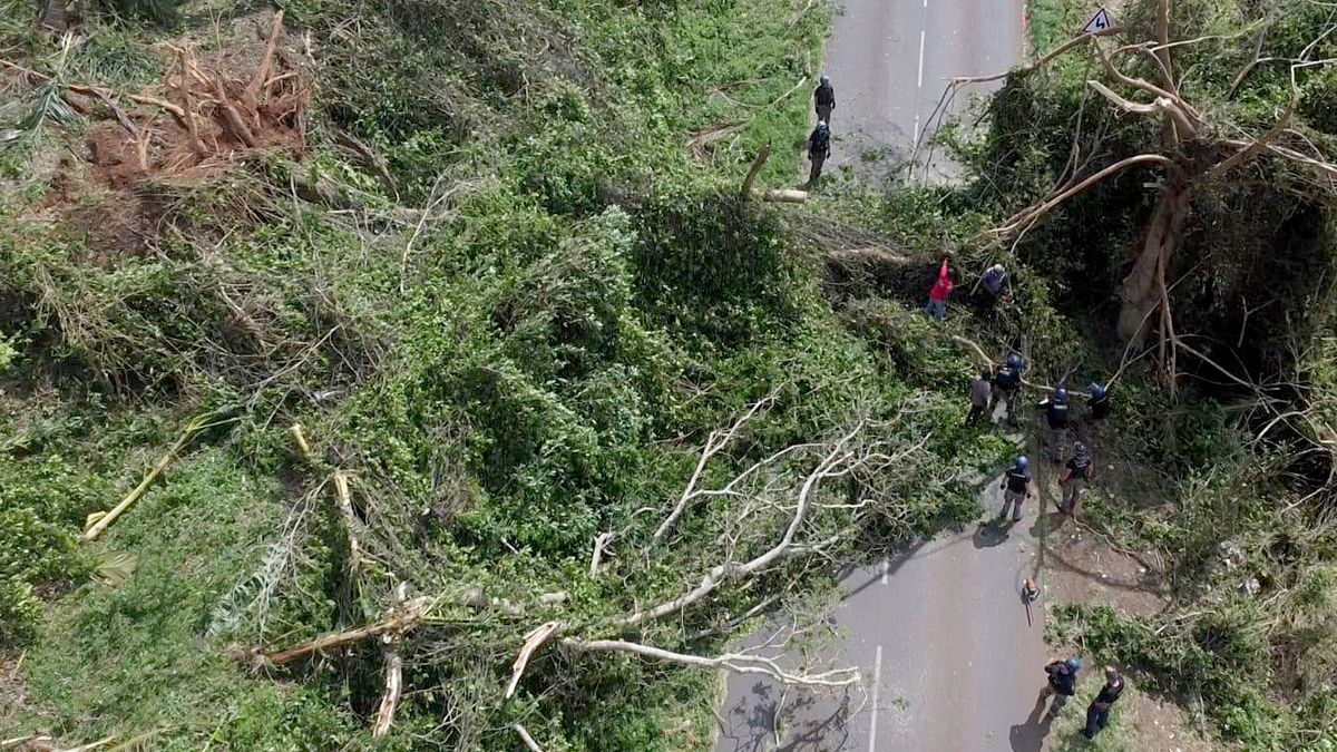 This photo provided on Monday Dec.16, 2024 by the Gendarmerie Nationale, shows members of the Gendarmerie Nationale clearing a road Sunday, Dec. 15, 2024, in Mayotte.