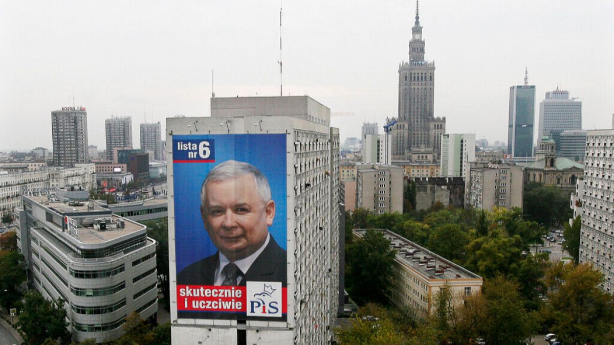 A big election campaign poster of the Law and Justice (PiS) party showing Polish Prime Minister Jaroslaw Kaczynski is seen in downtown Warsaw, Poland, Monday, Oct. 8, 2007.