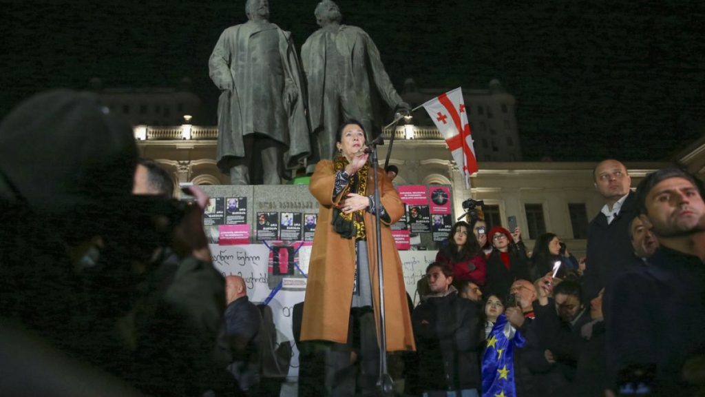 FILE -Outgoing Georgian President Salome Zourabichvili speaks at an anti-government rally outside the Parliament building in Tbilisi, Georgia, Sunday, Dec. 22, 2024.