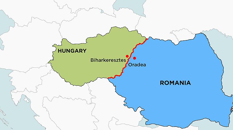 Une carte montrant la ville hongroise de Biharkeresztes et Oradea en Roumanie.