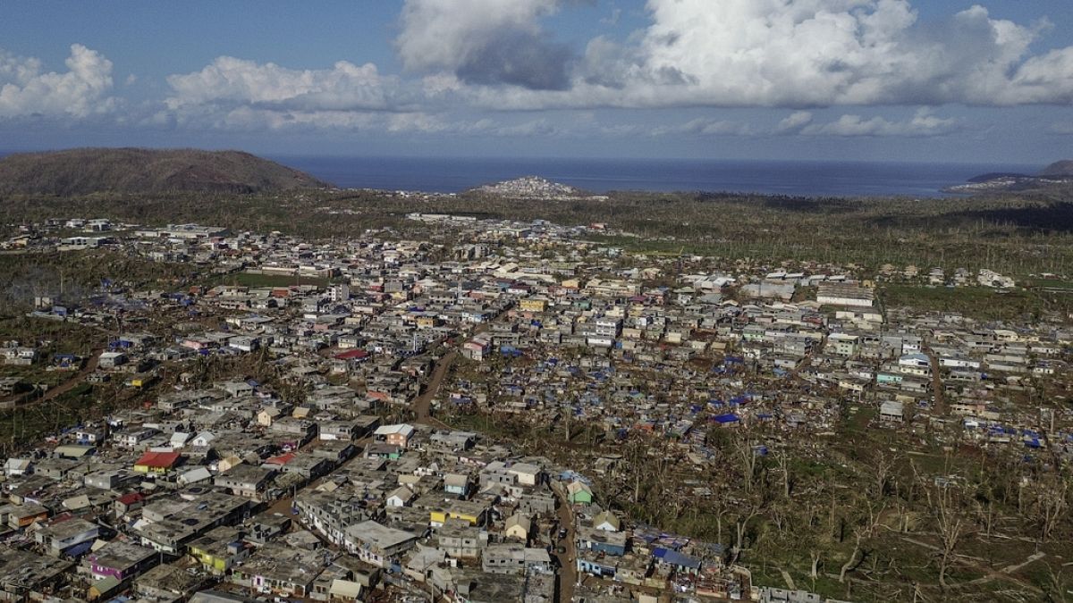 Drone view of destroyed dwellings in Mirereni, Mayotte, Friday, Dec. 20, 2024.