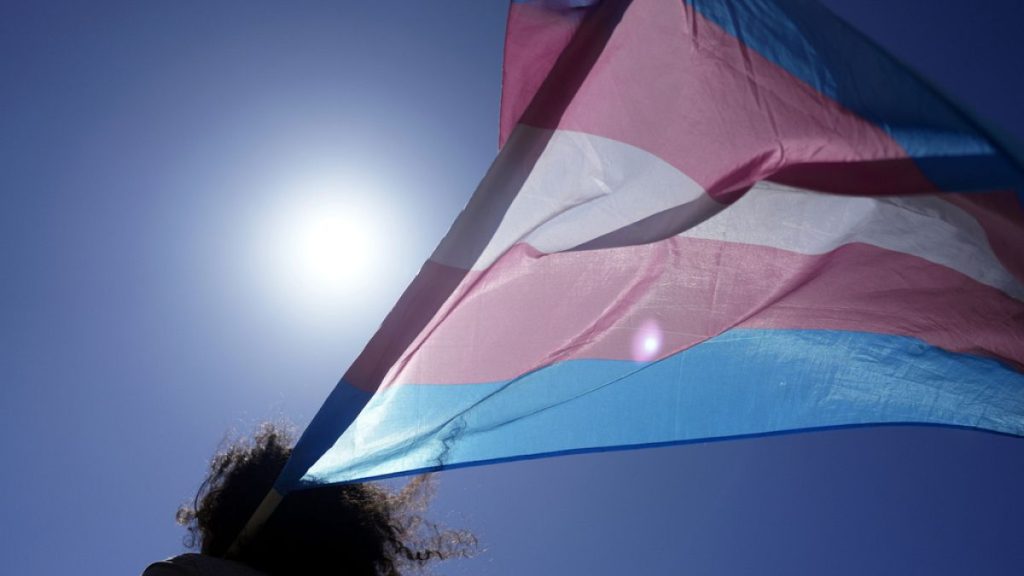 An attendee carries a transgender flag during a march in Portugal in March 2024.