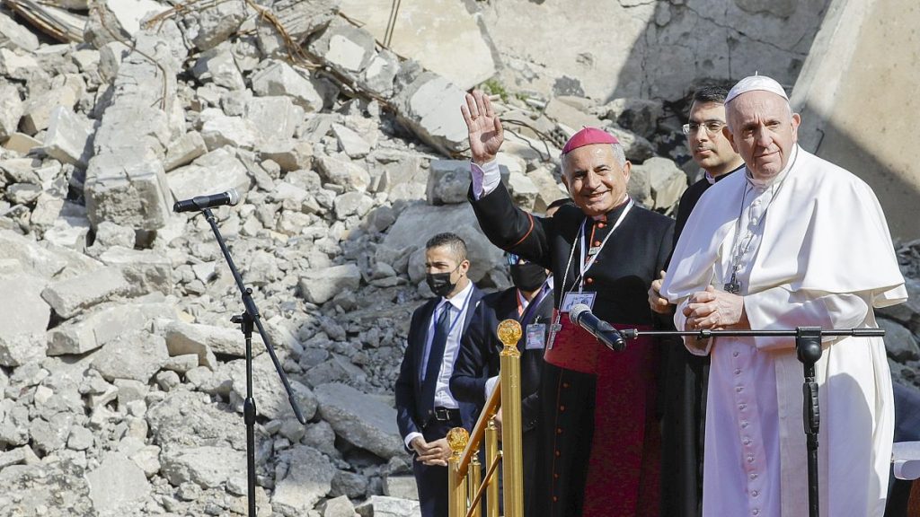 Pope Francis prays for victims of war in Mosul, Iraq, on 7 March, 2024.