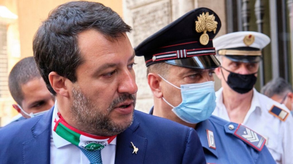 Former Interior minister Matteo Salvini leaves the Senate prior to a vote on lifting his immunity for a trial on Aug 2019 Open Arms case, in Rome Thursday, July 30, 2020.