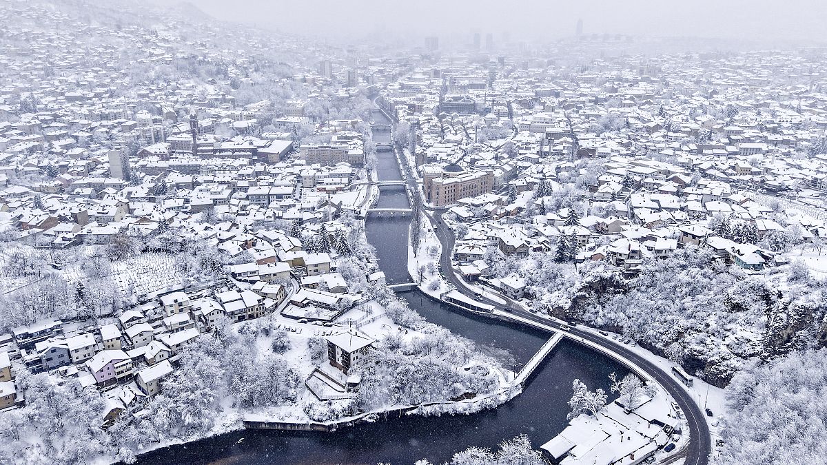 An aerial view of the old part of Sarajevo after heavy snowfall, 24 December, 2024