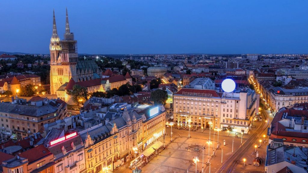 Aerial view of Zagreb, Croatia, at night.