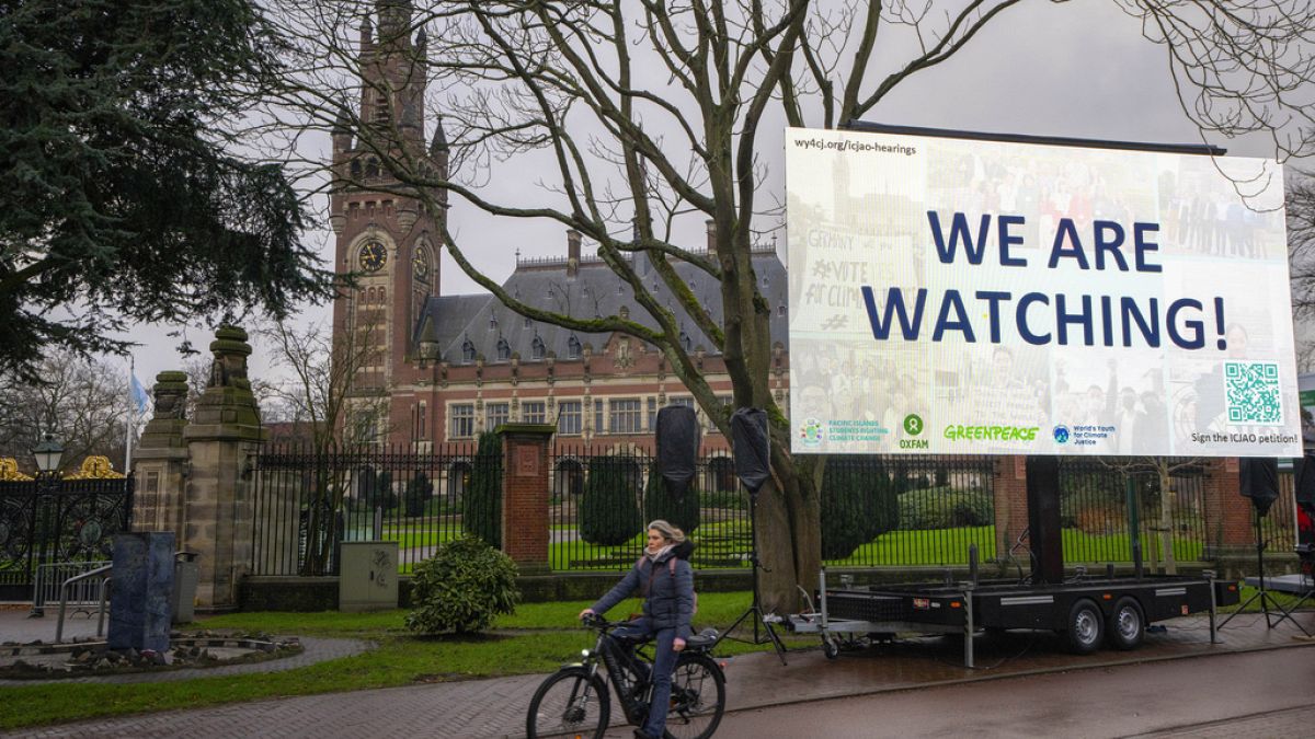 pro-climate billboard in front of the International Court of Justice in The Hague, the Netherlands