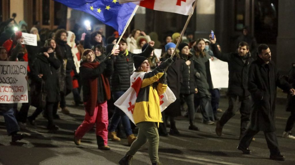 The EU flag is ubiquitous at the daily demonstrations in Tblisi.