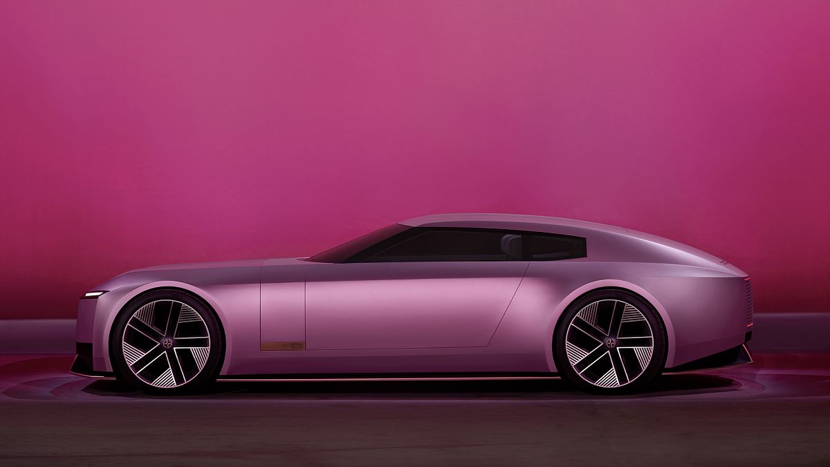 The Jaguar Type 00 electric model in Rhodon Rose, also known as