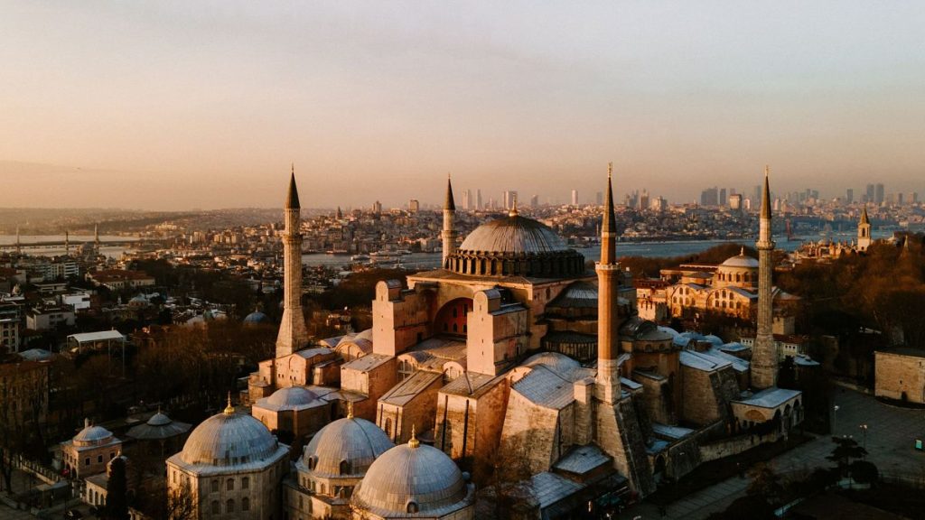 Aerial view of the Hagia Sophia mosque in Istanbul, Turkey.