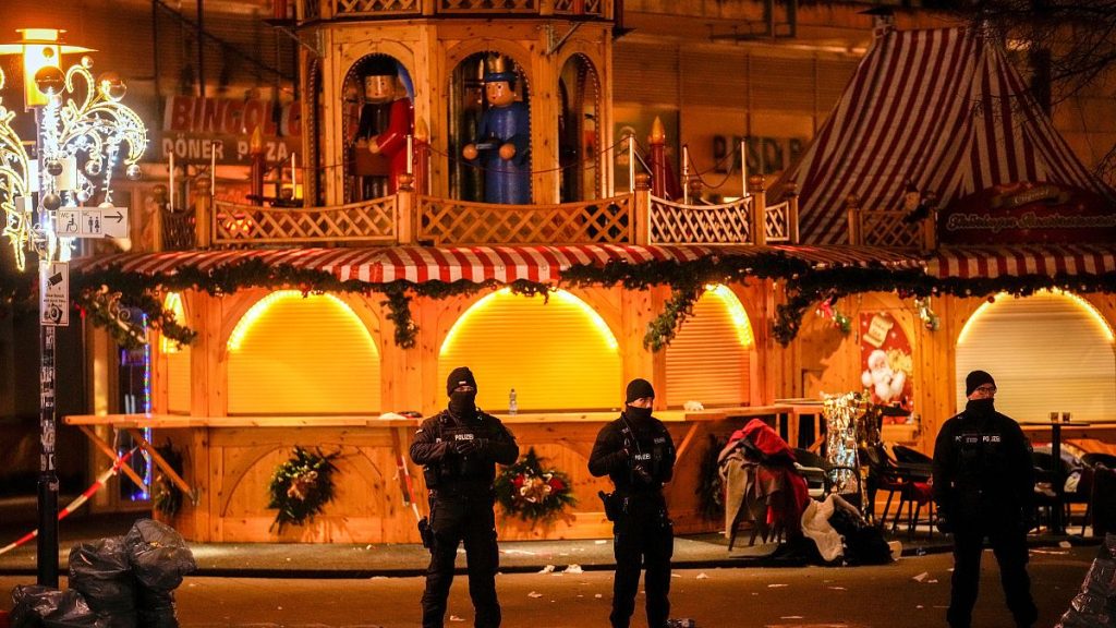 Security guards stand in front of a cordoned-off Christmas Market after a car crashed into a crowd of people, in Magdeburg, Germany,