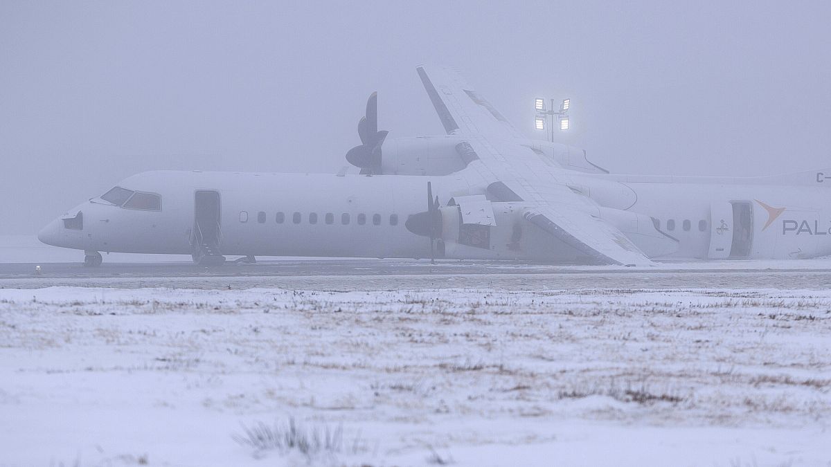 An Air Canada Express flight operated by Pal Airlines skidded off the runway Saturday night after catching fire at Halifax Stanfield International Airport, 29 December, 2024.