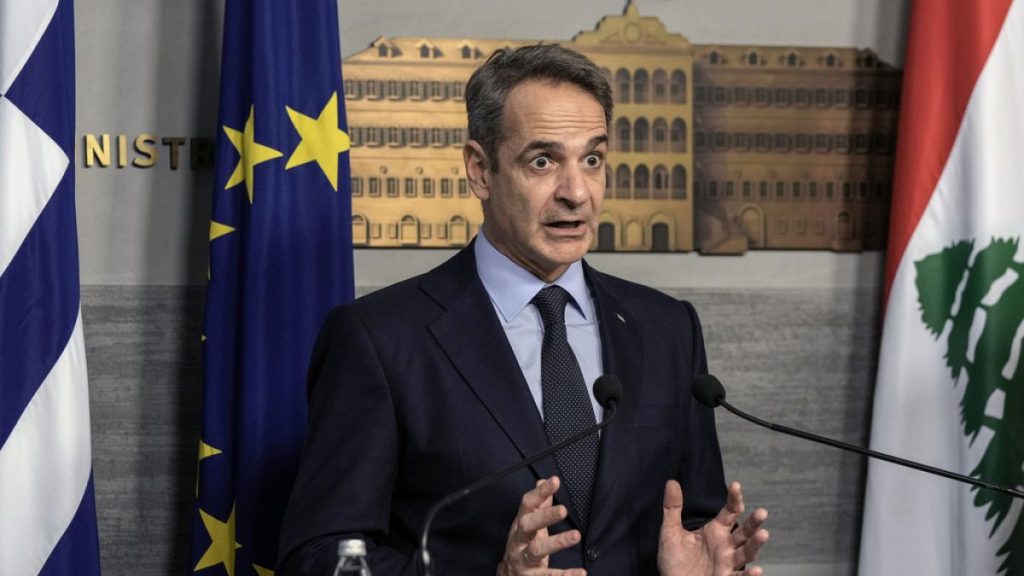 Greek Prime Minister Kyriakos Mitsotakis speaks during a joint press conference with Lebanese caretaker Prime Minister Najib Mikati, at the government palace in Beirut.