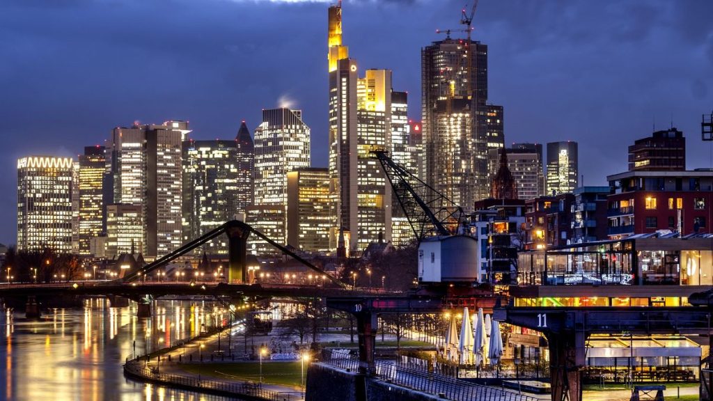 The banking district at night in Frankfurt, Germany,