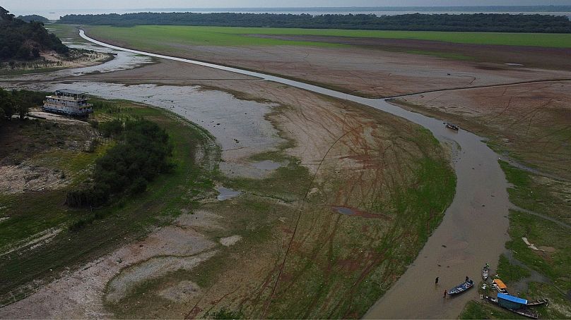 Des pêcheurs poussent un bateau dans le lac Aleixo lors d'une sécheresse à Manaus, État d'Amazonas, Brésil, septembre 2024