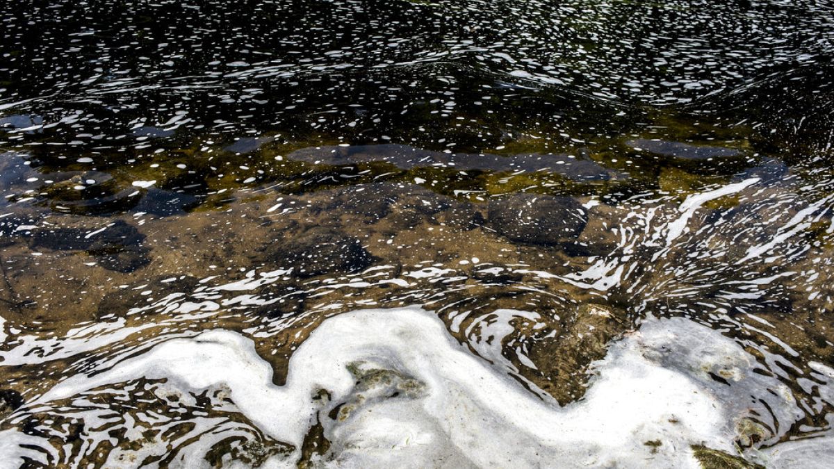 PFAS foam gathers at the the Van Etten Creek dam in Oscoda Township, Mich., near Wurtsmith Air Force Base, US.