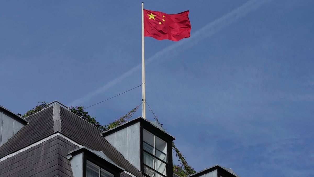 A Chinese national flag is raised at the Chinese embassy in London, Monday, 11 September 2023.