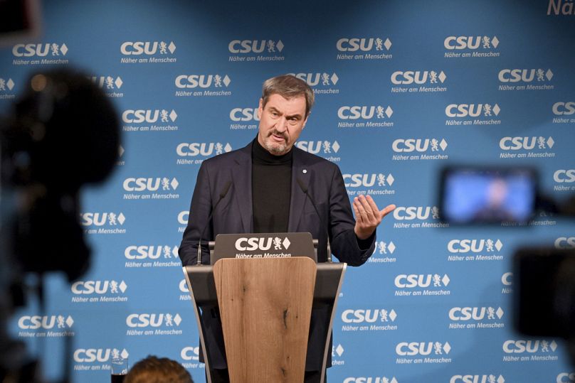 Markus Soder, président de la CSU et ministre-président bavarois, prend la parole lors d'une conférence de presse à Munich, en Allemagne, le jeudi 7 novembre 2024.