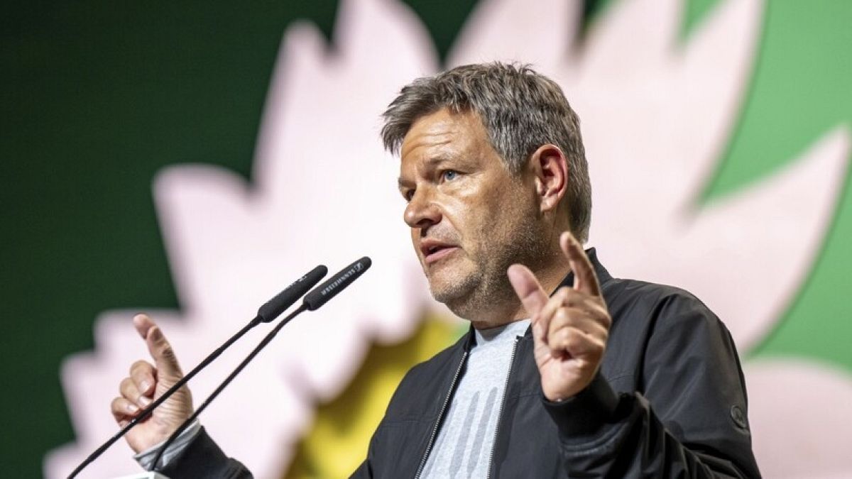 Robert Habeck, Federal Minister for Economic Affairs and Climate Protection, speaks at the Greens federal delegates conference in Wiesbaden, Germany Friday, Nov. 15, 2024