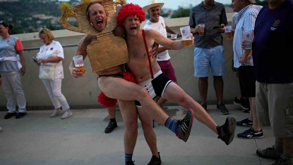 England supporters react before the Rugby World Cup Pool D match between England and Japan in the Stade de Nice, in Nice, France Sunday, Sept. 17, 2023.