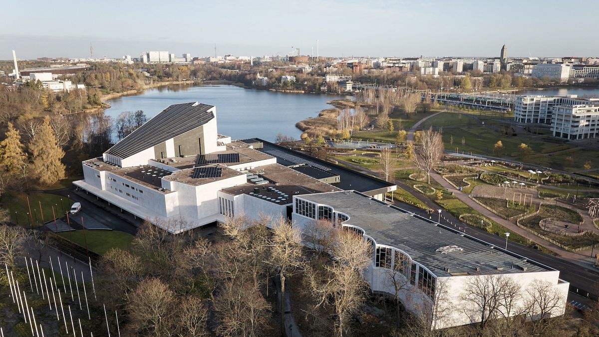 Finlandia Hall stands on the Töölönlahti Bay.