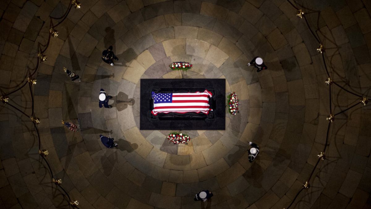 The flag-draped casket of former President Jimmy Carter lies in state at the rotunda of the U.S. Capitol Tuesday, Jan. 7, 2025, in Washington.