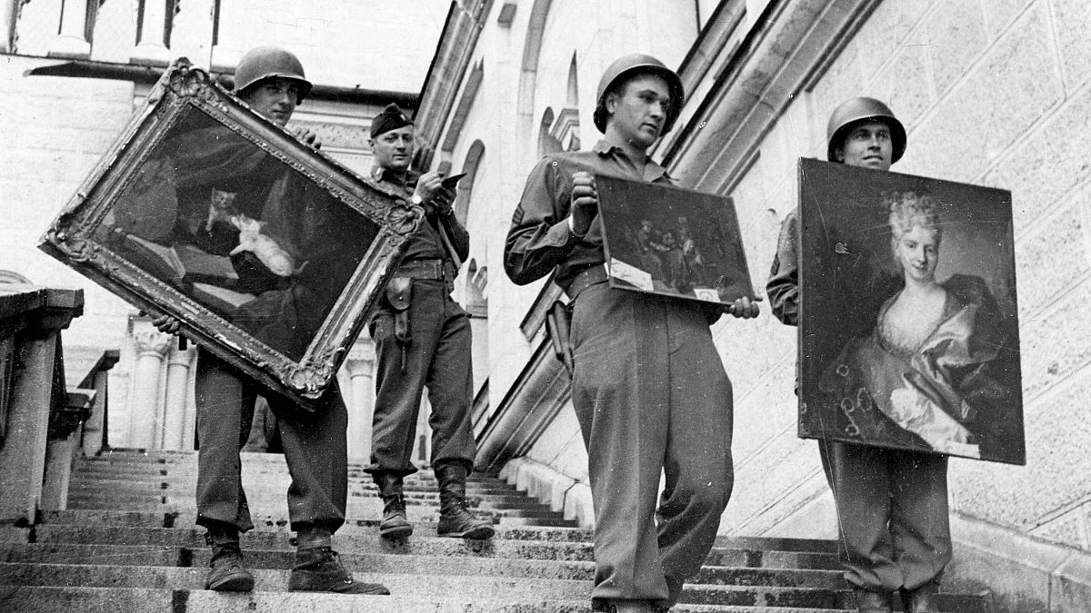 U.S. 7th Army troops found a priceless collection of looted art treasures hidden in Neuschwantstein Castle at Fussen near the Swiss frontier in Austria, May 1945.