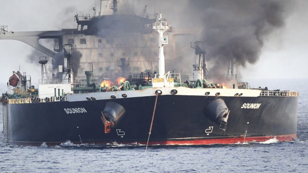 This undated photo released by the private security firm Ambrey shows the oil tanker Sounion burning in the Red Sea