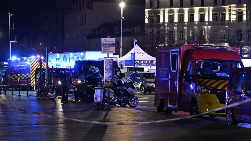 Police officers block the access to the station after two trams collided, injuring dozens of people in Strasbourg, 11 January, 2025