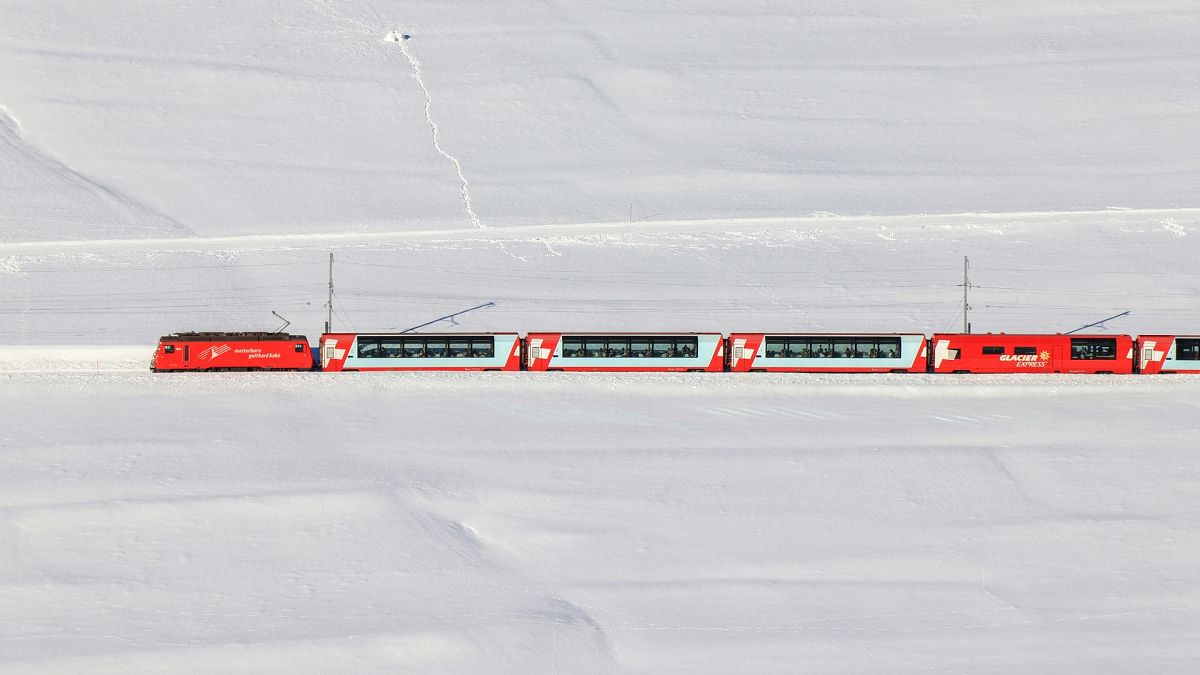 The Glacier Express on its way through Goms, Switzerland.