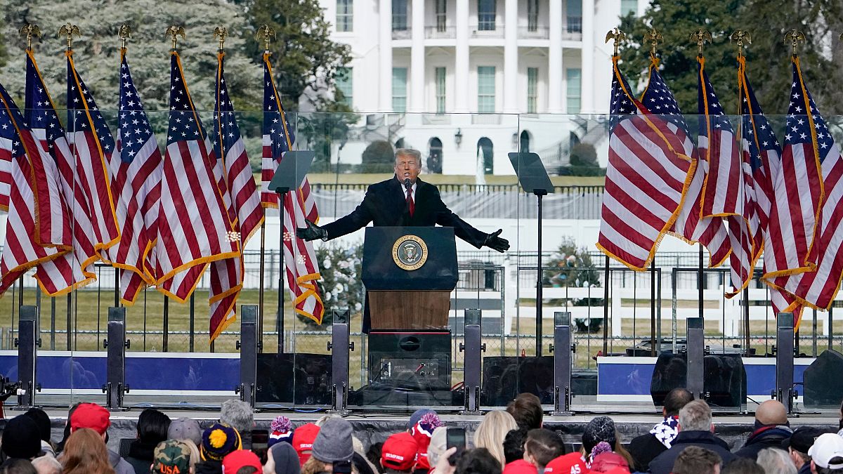 Donald Trump urges a crowd of supporters to march on the Capitol on 6 January, 2020.