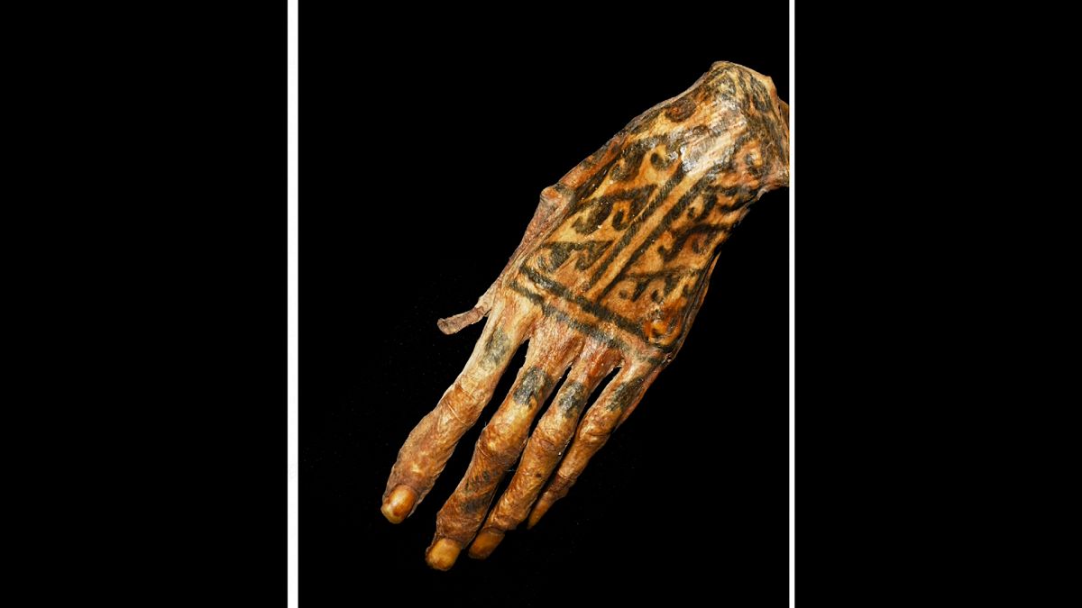 Mummified hand featuring tattoos from Peru