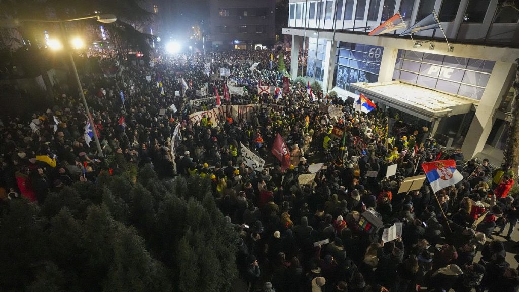 People protest in front of the state-run TV headquarters a day after a student was hit by a car and seriously wounded in Belgrade, 17 January, 2025