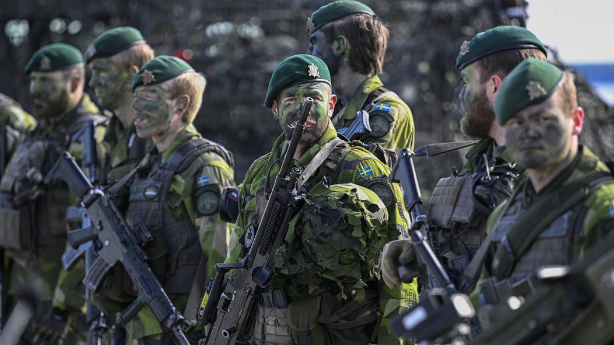 FILE - Swedish soldiers during the military exercise Aurora 23 at Berga naval base outside Stockholm, Friday, April 28, 2023.