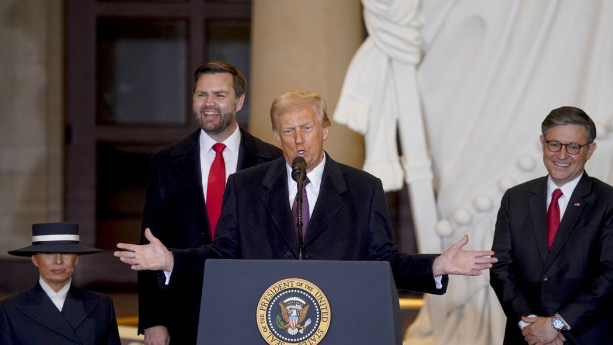 President Donald Trump speaks in Emancipation Hall after the 60th Presidential Inauguration, Monday, Jan. 20, 2025, at the US Capitol in Washington