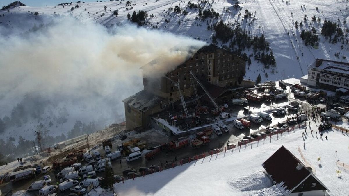 Firefighters work to extinguish a fire in a hotel at a ski resort of Kartalkaya, located in Bolu province, in northwest Turkey, Tuesday, Jan. 21, 2025