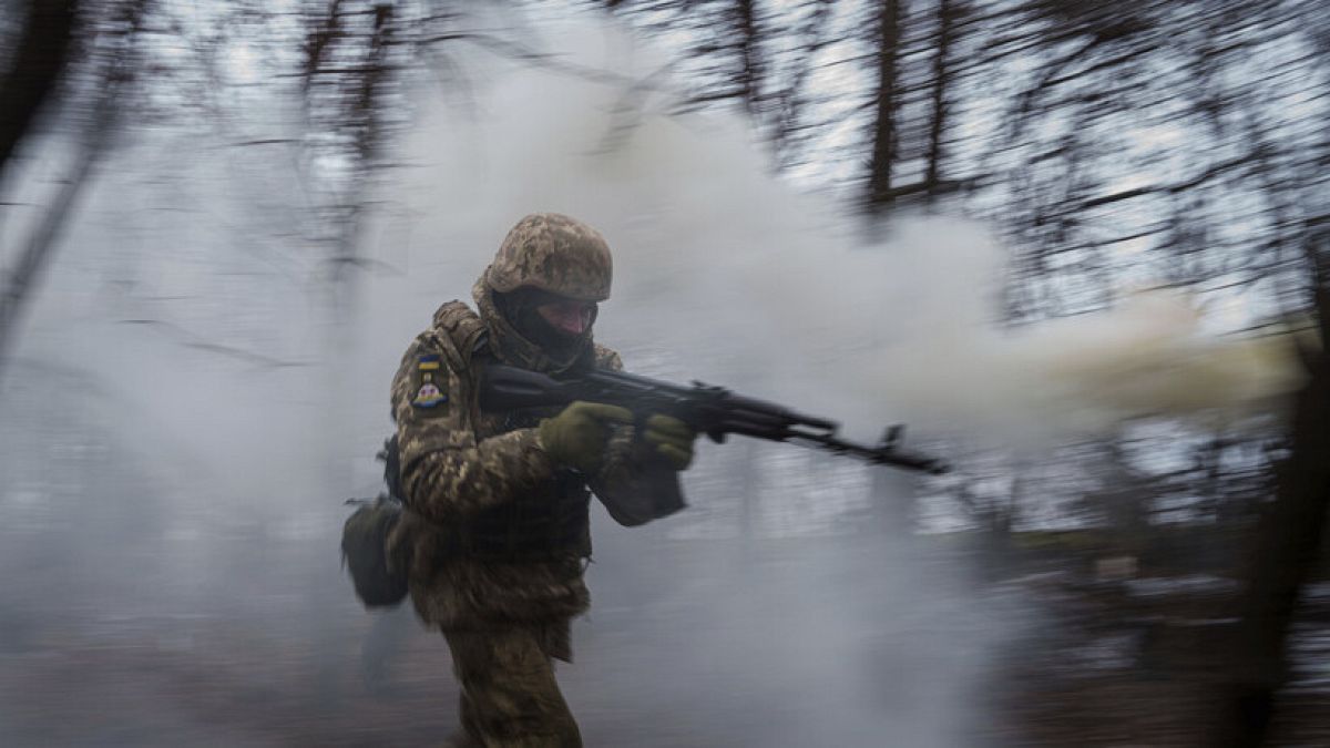 A Ukrainian serviceman of 24th Mechanized brigade trains at the polygon not far from frontline in Donetsk region, Ukraine, Tuesday Jan. 21, 2024