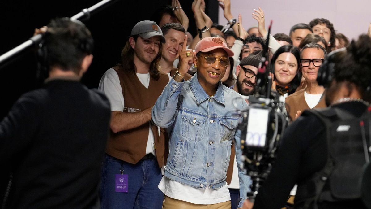 Pharrell Williams reacts to the Louis Vuitton Fall-Winter 2025-2026 collection, presented in Paris on Jan. 21, 2025.