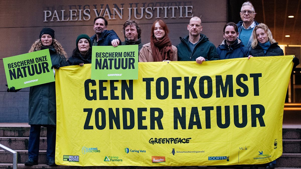 Greenpeace employees stand in front of the Palace of Justice in The Hague holding a banner reading ‘No Future Without Nature’ and green signs reading ‘Protect our nature’.