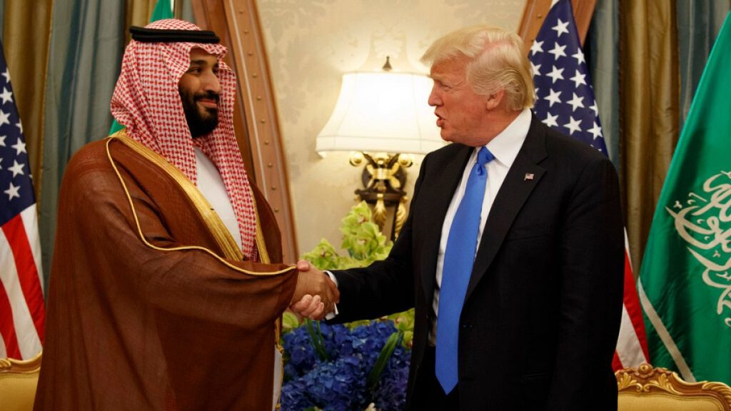 FILE- President Donald Trump shakes hands with Saudi Deputy Crown Prince and Defense Minister Mohammed bin Salman during a bilateral meeting, in Riyadh, Saturday, May 20, 2017