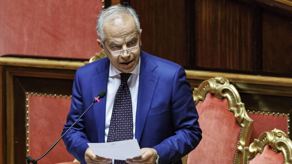 Italian Interior Minister Matteo Piantedosi addresses the Senate in Rome, Thursday, Jan. 23, 2025