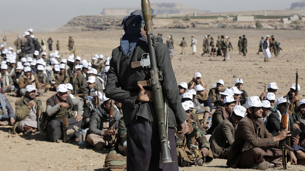 Houthi rebels march during a rally of support for the Palestinians in the Gaza Strip and against US strikes on Yemen, 22 January, 2024