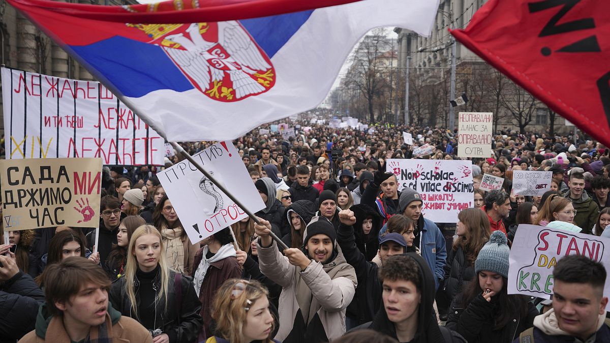 University students join calls for a general strike after more than two months of protests over the collapse of a concrete canopy at Novi Sad railway station, 24 January, 2025