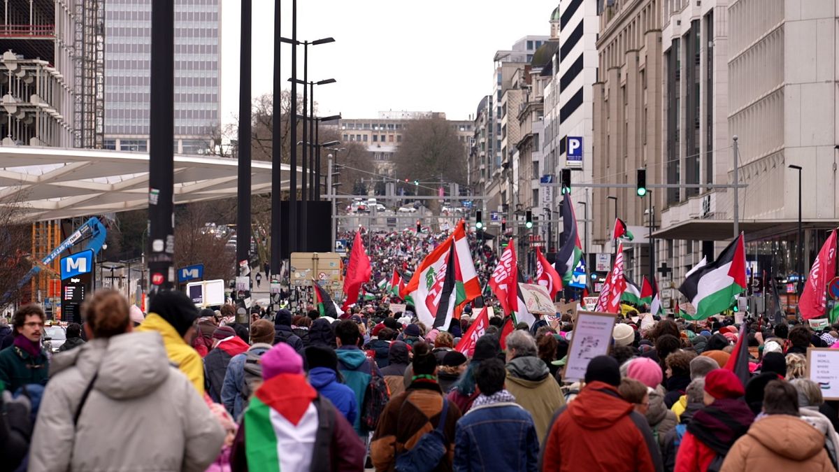 Thousands march on the streets of Brussels, Belgium, demanding a permanent ceasefire in Gaza