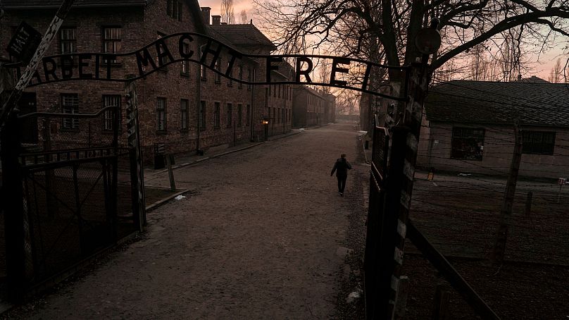 Une personne marche dans l'ancien camp de concentration et d'extermination nazi d'Auschwitz-Birkenau, avant une cérémonie marquant le 80e anniversaire de la libération du camp