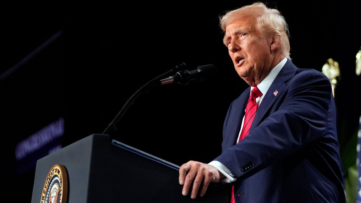 President Donald Trump speaks at the 2025 House Republican Members Conference Dinner at Trump National Doral Miami in Doral..