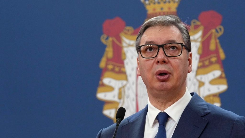 Serbian President Aleksandar Vučić speaks during a news conference in the Serbia Palace in Belgrade, Serbia.