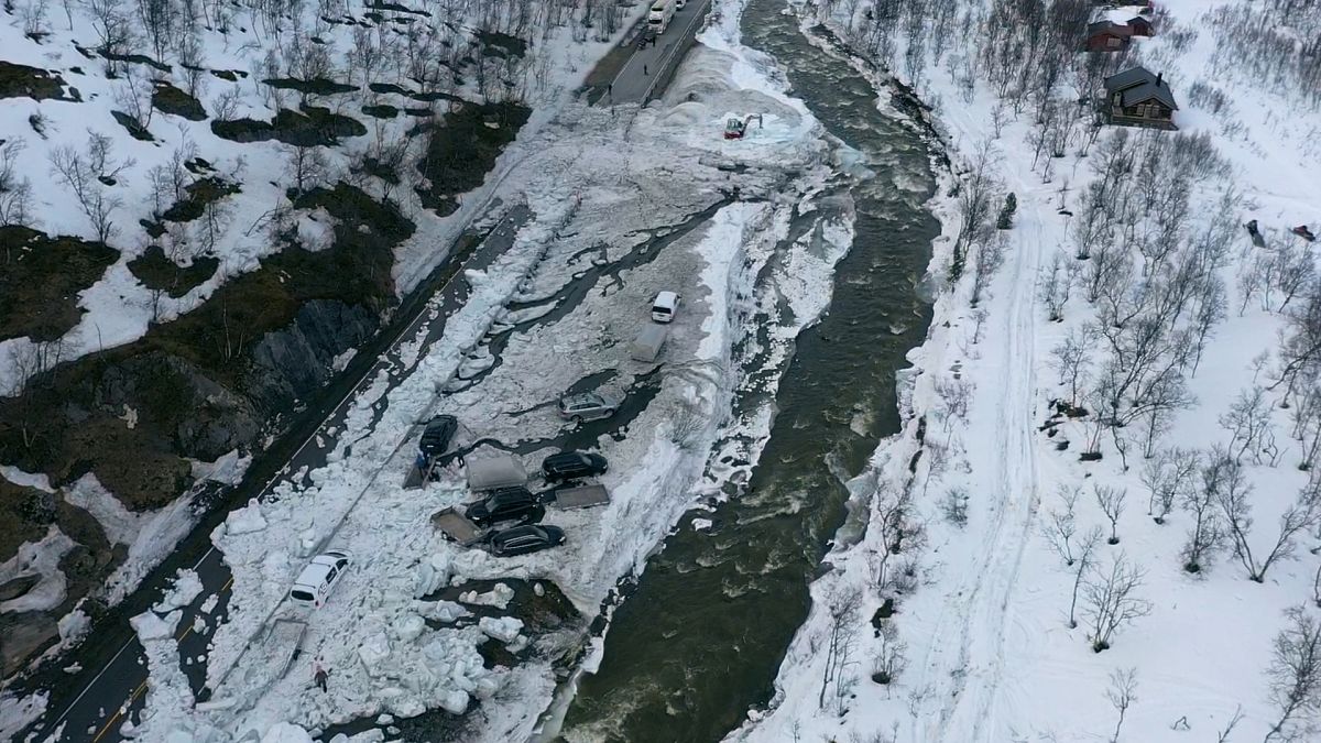 An aerial view view of slush flow in Finnmark, Norway.