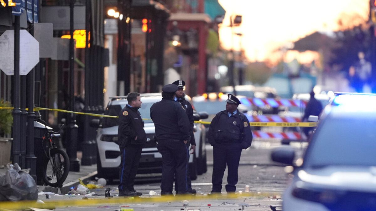 Emergency services attend the scene on Bourbon Street after a vehicle drove into a crowd on New Orleans