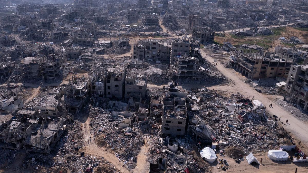 An aerial photograph taken by a drone shows the destruction caused by the Israeli air and ground offensive in Jabaliya, Gaza.